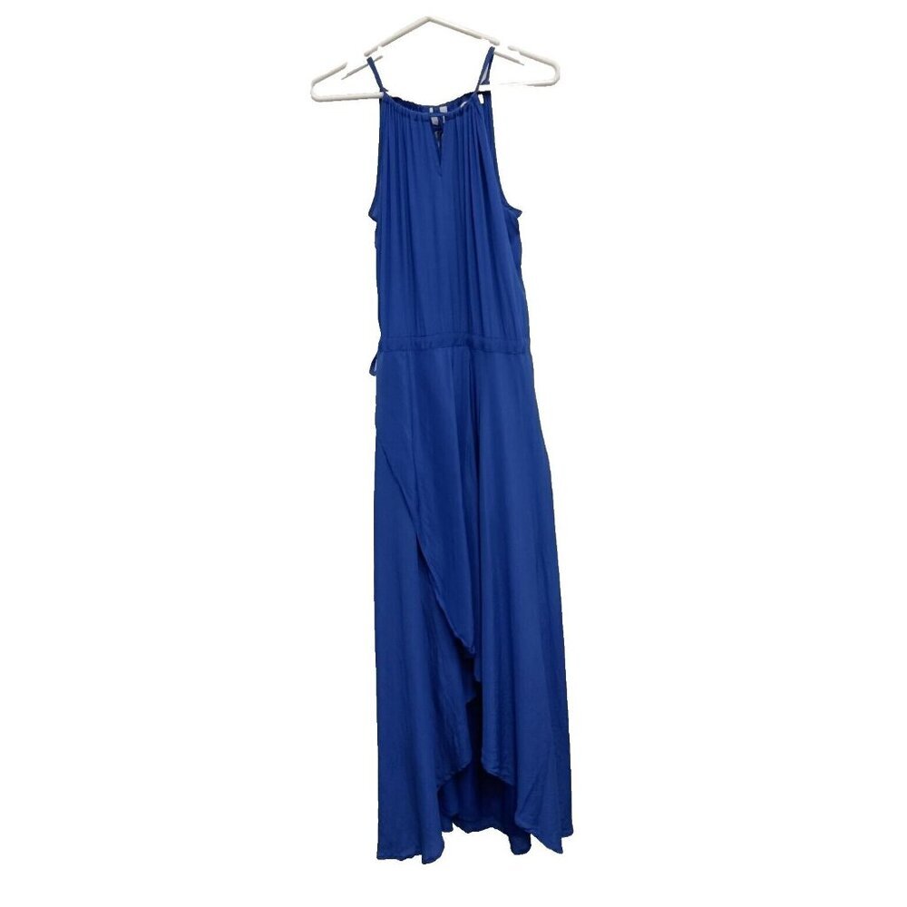 VTG Tori Richard Womens 100% Silk Maxi Dress Sz 10 Blue Sleeveless Halter Hi-Low